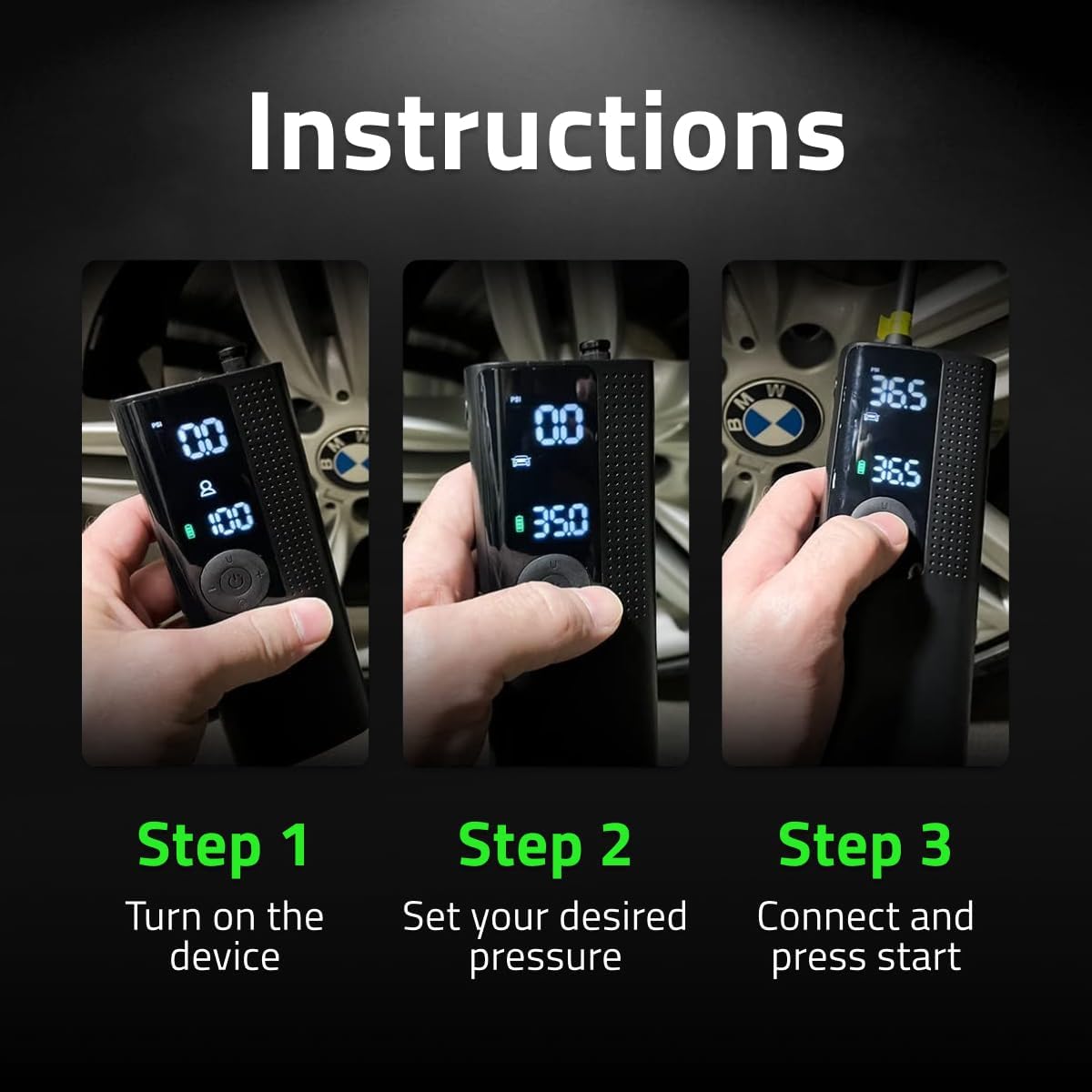 Airmoto Portable Air Pump Tire Inflator - Digital Pressure Gauge, LED Light, & Auto Shut-Off Function 