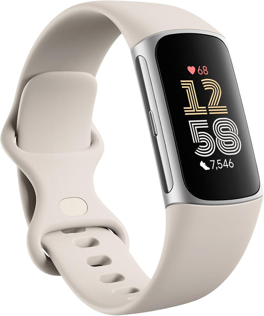 Charge 6 Fitness Tracker with Google Apps, Heart Rate on Exercise Equipment, 6-Months Premium Membership Included, GPS, Health Tools and More, Porcelain/Silver, One Size (S & L Bands Included)