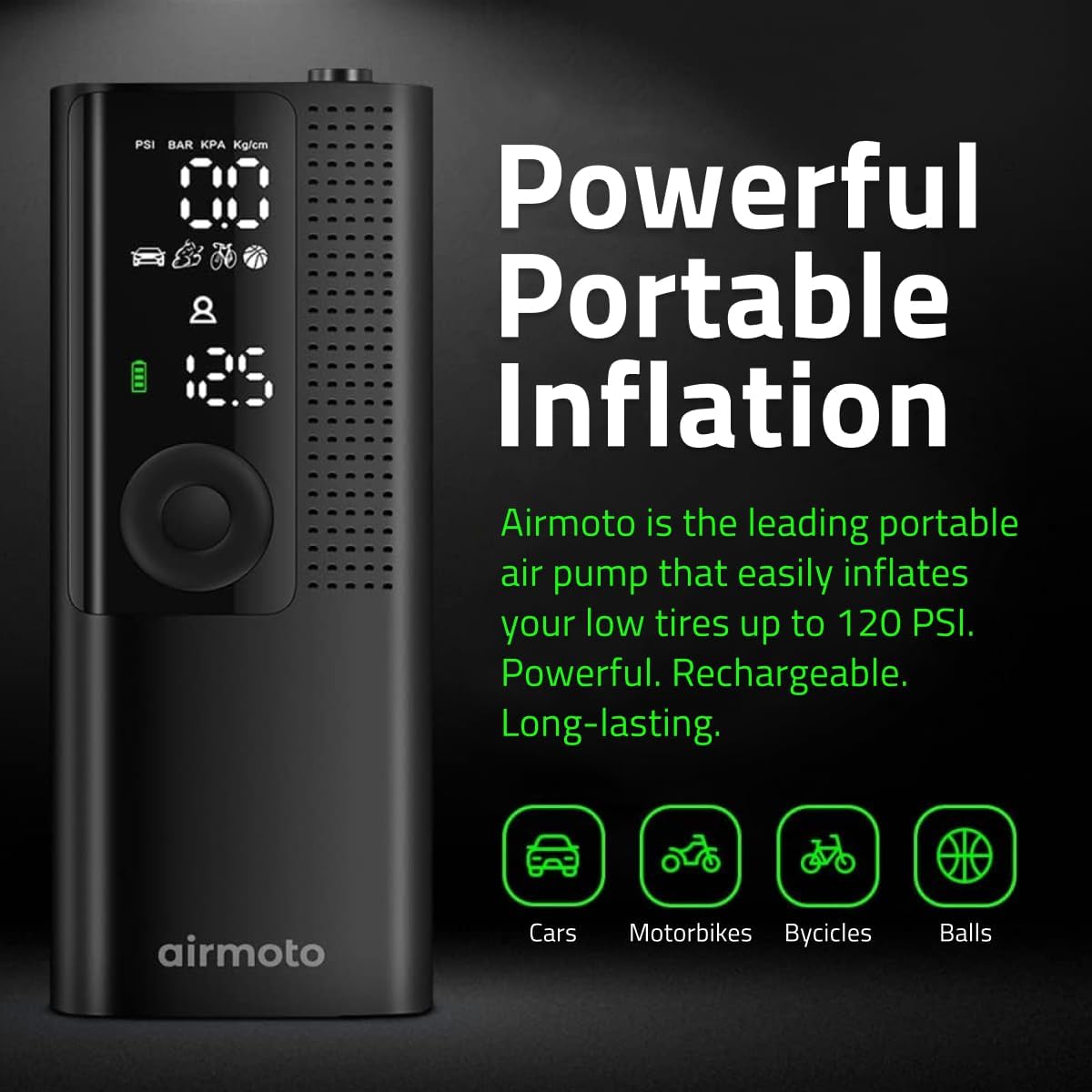 Airmoto Portable Air Pump Tire Inflator - Digital Pressure Gauge, LED Light, & Auto Shut-Off Function 