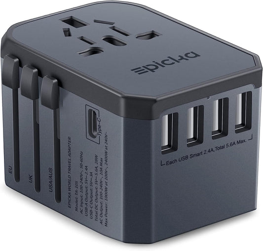 EPICKA Universal European Travel Plug Adapter - International Charger with USB-C & 4 USB-A Ports, Travel Essentials