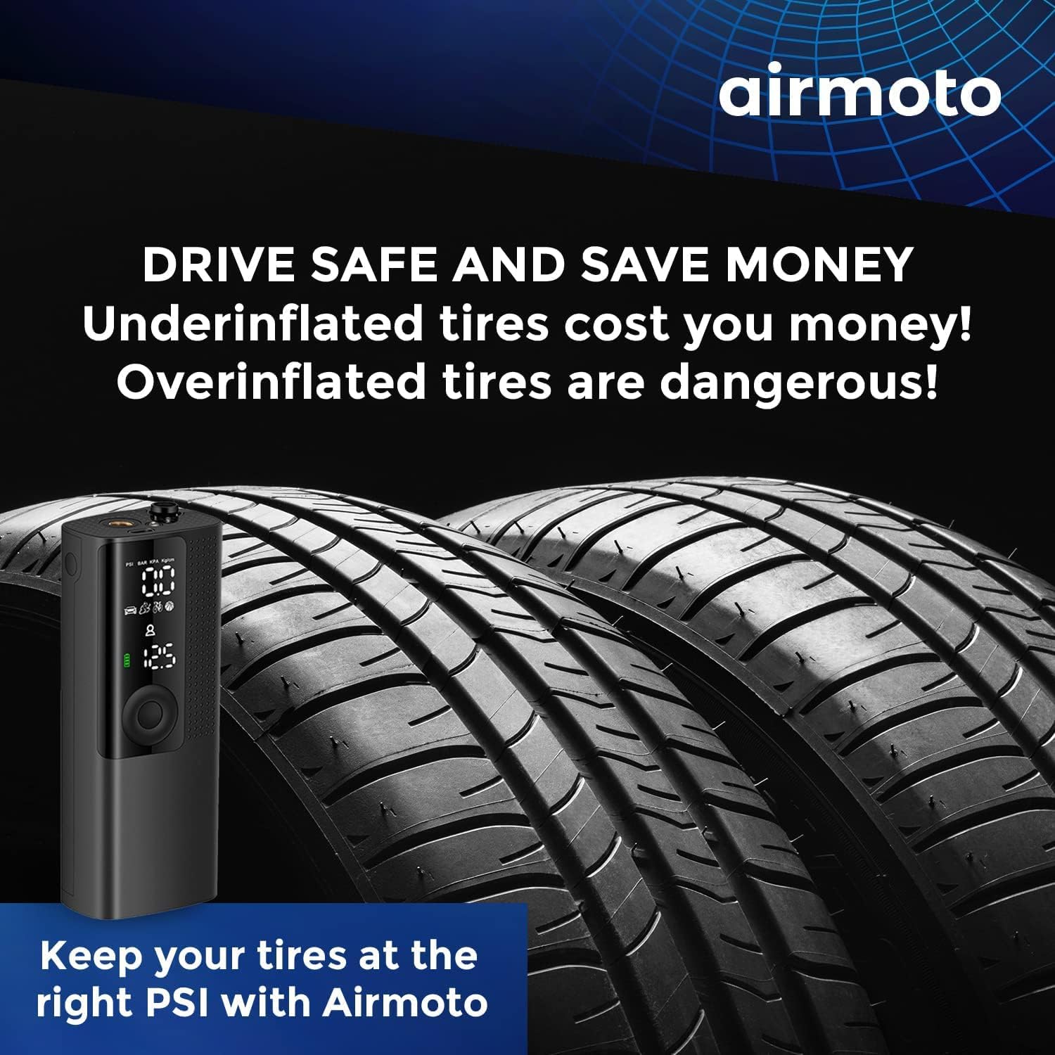 Airmoto Portable Air Pump Tire Inflator - Digital Pressure Gauge, LED Light, & Auto Shut-Off Function 
