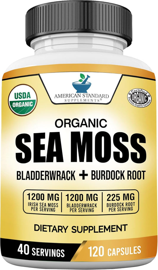 Organic Sea Moss, Bladderwrack & Burdock Root Capsules - 1200Mg Sea Moss, 1200Mg Bladderwrack, 225Mg Burdock Root per Serving