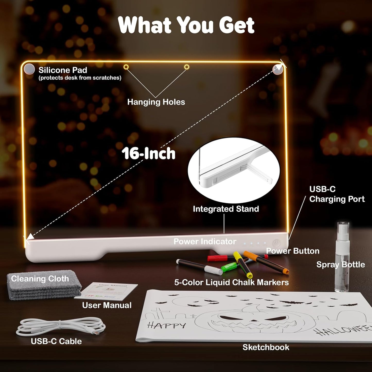 Geokay 16-Inch Rechargeable Doodle Glow LED Note Board - 7-Color Light Modes - With Built-In Stand - Perfect For Kids