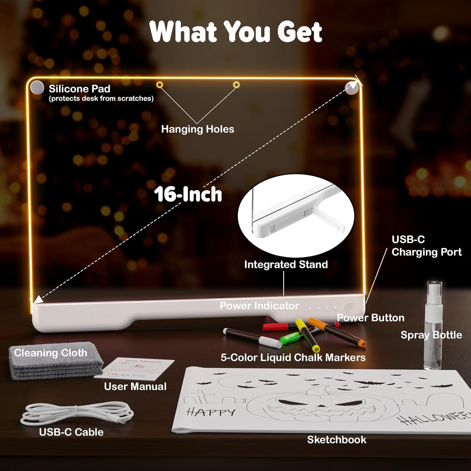 Geokay 16-Inch Rechargeable Doodle Glow LED Note Board - 7-Color Light Modes - With Built-In Stand - Perfect For Kids