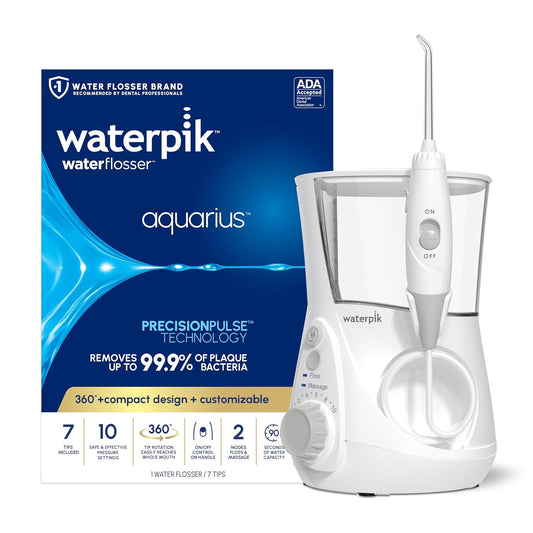 Aquarius Water Flosser Professional for Teeth, Gums, Braces, Dental Care, Electric Power with 10 Settings, 7 Tips for Multiple Users and Needs, ADA Accepted, White WP-660, Packaging May Vary