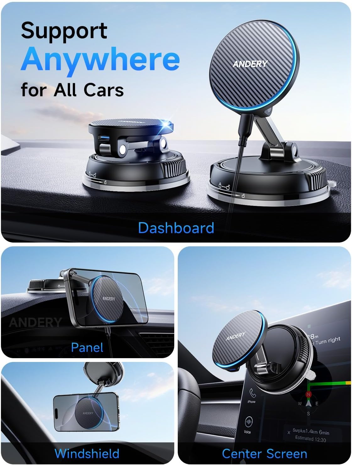 ANDERY MagSafe Car Mount Charger for Fast Wireless Charging - iPhone Only