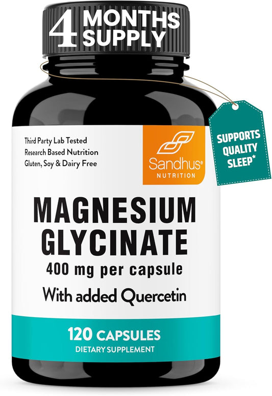Magnesium Glycinate 400Mg Capsules with Quercetin | Quality Sleep, Relaxation, Muscle, Bone Health & Immune Support | 120 Count | Easy to Swallow | for Women and Men