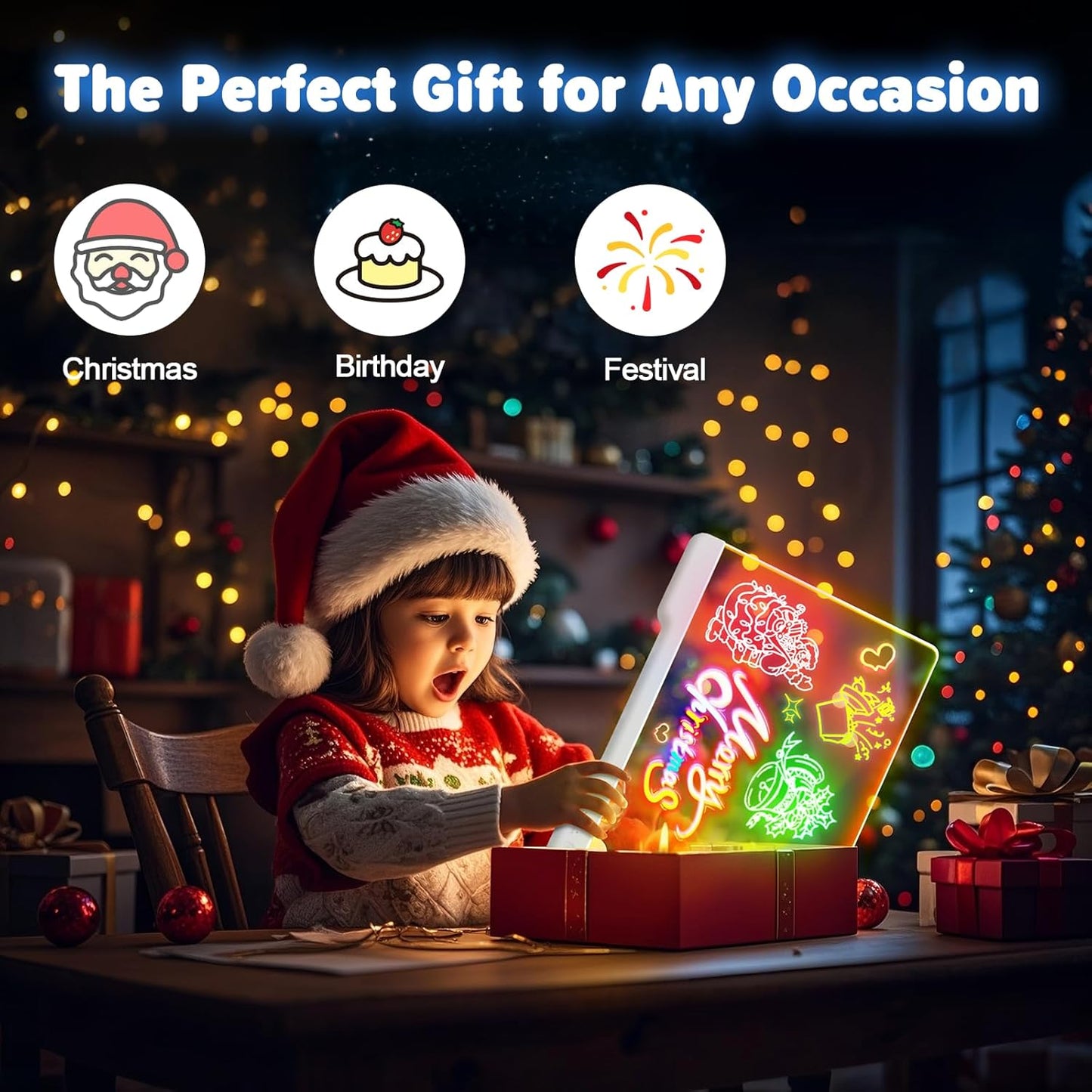 Geokay 16-Inch Rechargeable Doodle Glow LED Note Board - 7-Color Light Modes - With Built-In Stand - Perfect For Kids