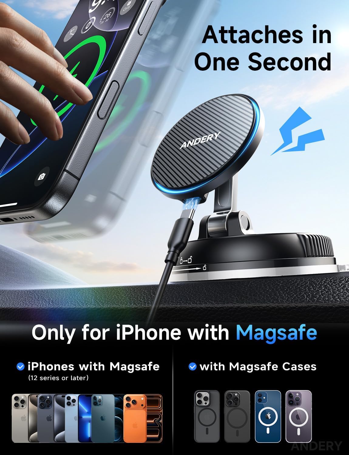 ANDERY MagSafe Car Mount Charger for Fast Wireless Charging - iPhone Only