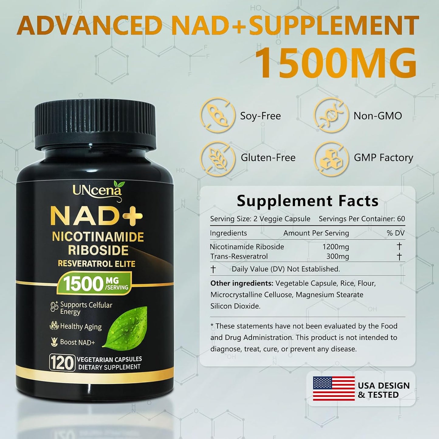 UNcena NAD+ Nicotinamide Riboside with Resveratrol - Liposomal NAD Supplement 1500Mg - Support Cellular Health, Stamina & Healthy Aging for Women & Men