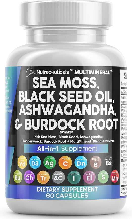 Sea Moss Black Seed Oil Ashwagandha Turmeric Bladderwrack Burdock, Vitamin C + D3, Elderberry, Manuka Dandelion Yellow Dock Iodine Chlorophyll 
