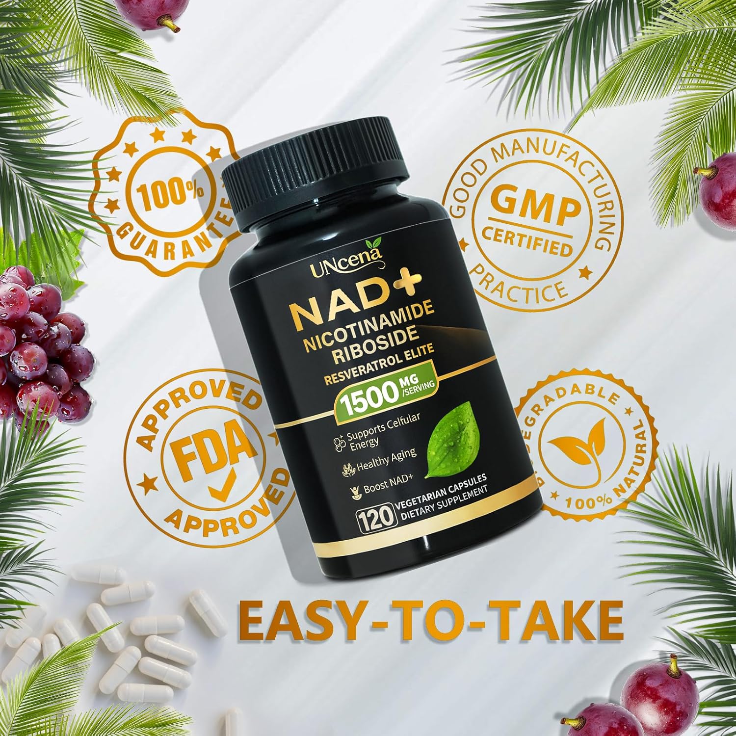 UNcena NAD+ Nicotinamide Riboside with Resveratrol - Liposomal NAD Supplement 1500Mg - Support Cellular Health, Stamina & Healthy Aging for Women & Men