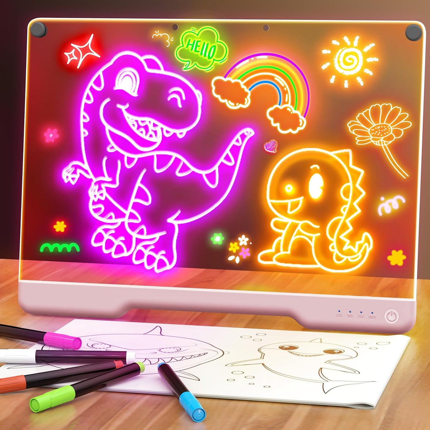 Geokay 16-Inch Rechargeable Doodle Glow LED Note Board - 7-Color Light Modes - With Built-In Stand - Perfect For Kids