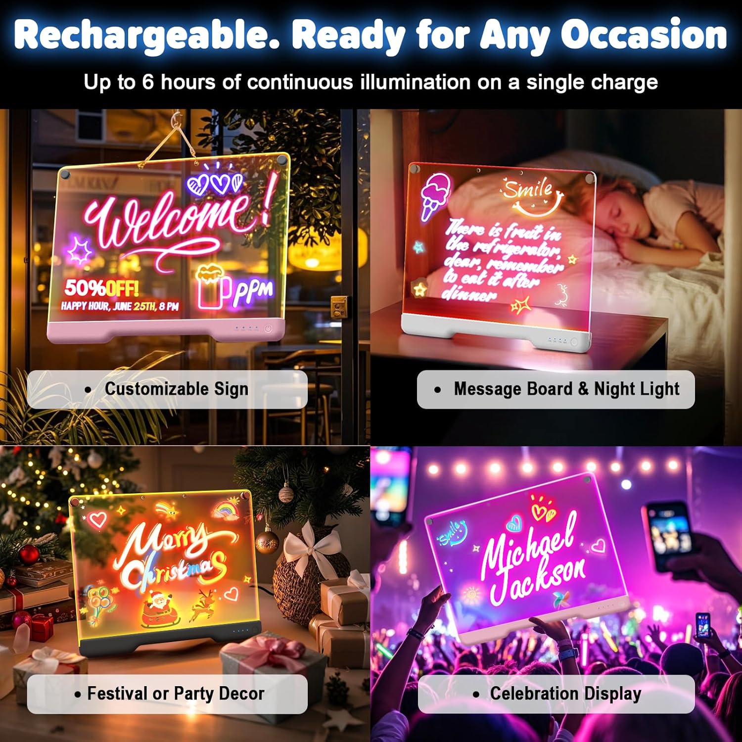 Geokay 16-Inch Rechargeable Doodle Glow LED Note Board - 7-Color Light Modes - With Built-In Stand - Perfect For Kids