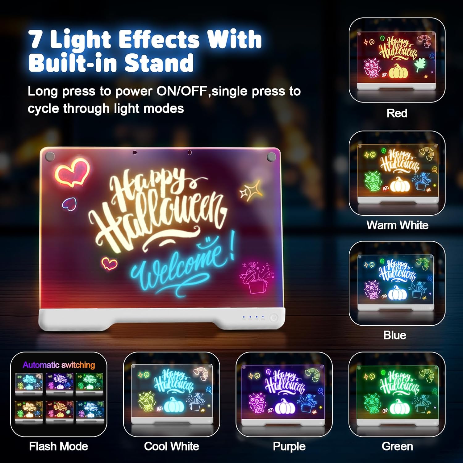 Geokay 16-Inch Rechargeable Doodle Glow LED Note Board - 7-Color Light Modes - With Built-In Stand - Perfect For Kids
