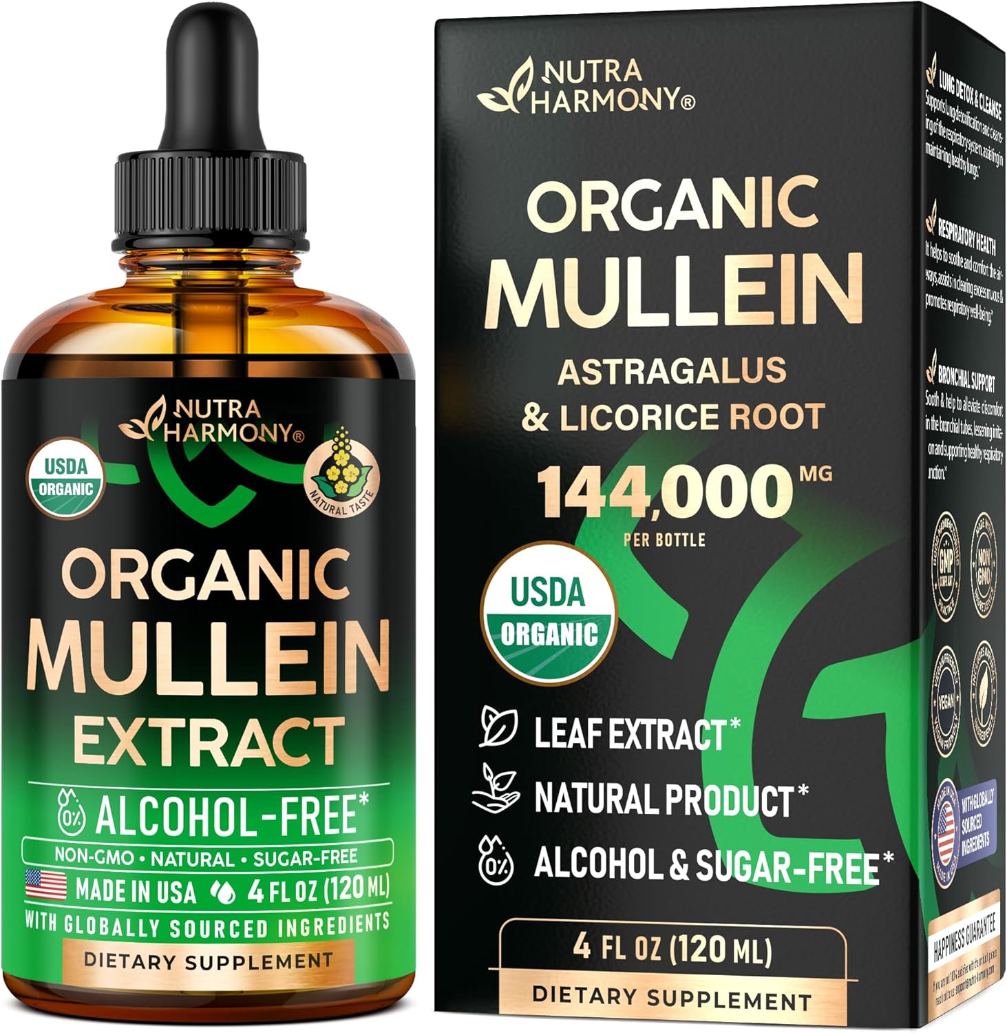 Nutra Harmony Organic Mullein Drops - Astragalus & Licorice Root - Lung & Bronchial Cleanse for Smokers - Respiratory Health Support  
