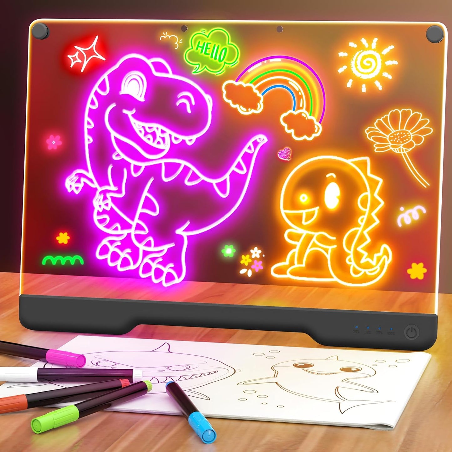 Geokay 16-Inch Rechargeable Doodle Glow LED Note Board - 7-Color Light Modes - With Built-In Stand - Perfect For Kids