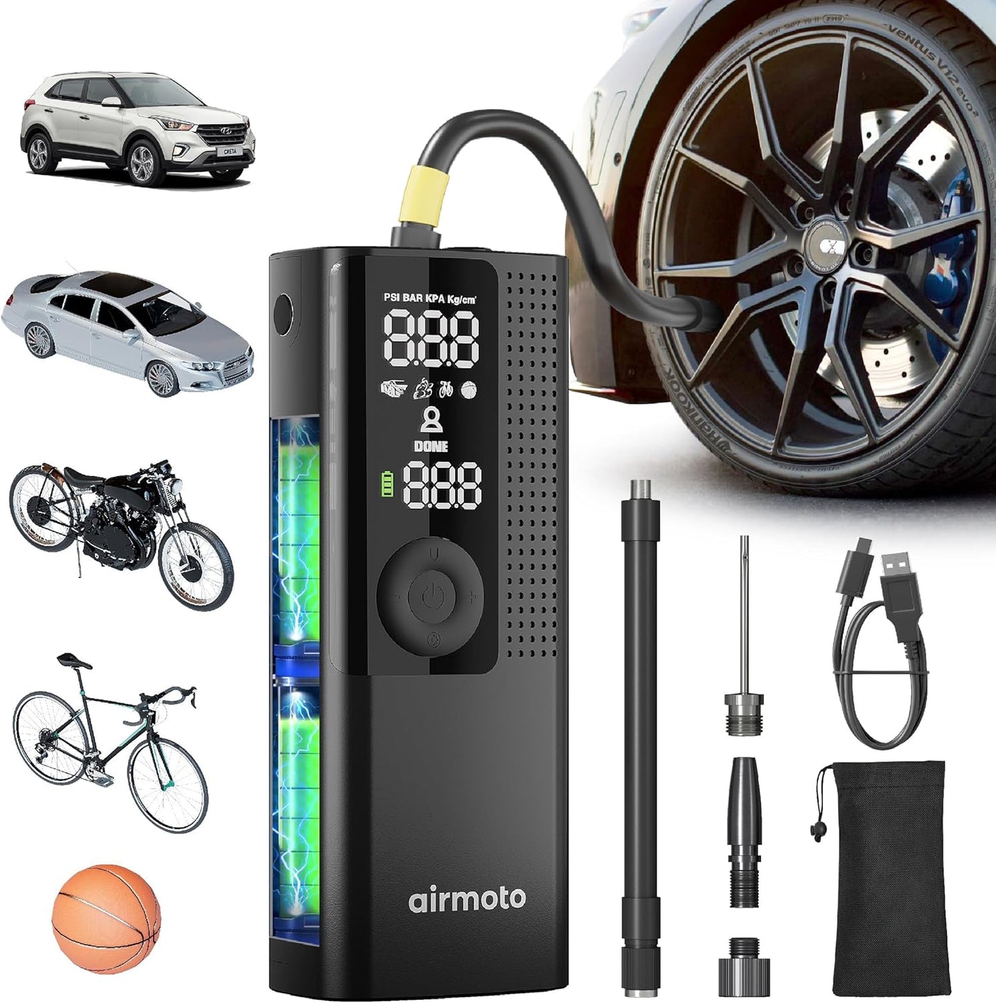 Airmoto Portable Air Pump Tire Inflator - Digital Pressure Gauge, LED Light, & Auto Shut-Off Function 