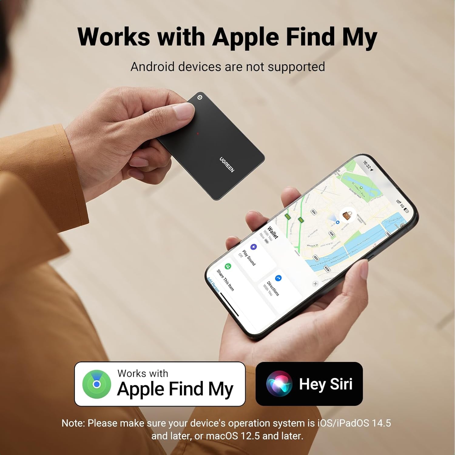 UGREEN Finetrack Slim Wallet Tracker Card (Ios Only), Bluetooth Tracker Card Finder 0.07In &IP68 Waterproof &One Charge Lasts a Year, Work with Apple Find My Rechargeable Tracker[Apple Mfi Certified]