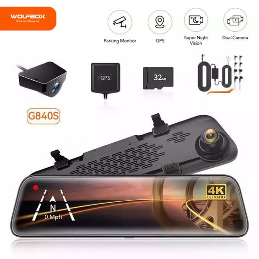 WolfBox G840S 4K Mirror Dash Cam with Rear Camera