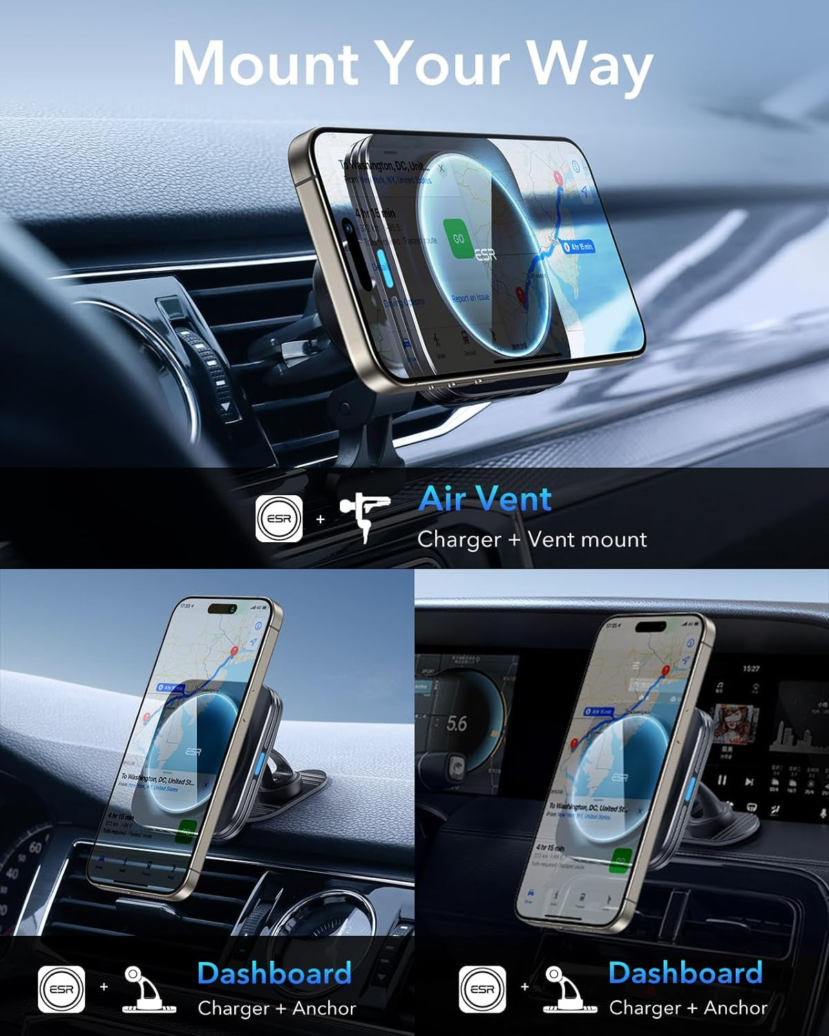 ESR MagSafe Car Mount Charger – Fast Wireless Charging for iPhone